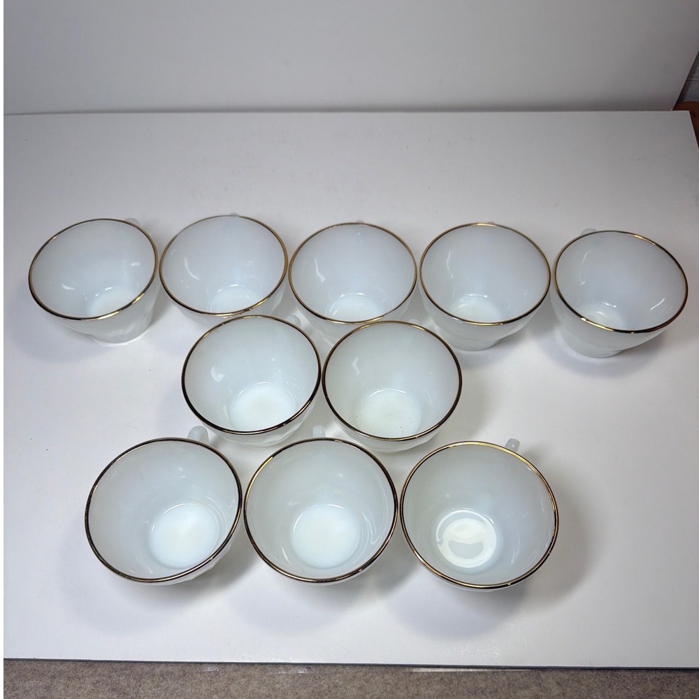 Teacups Set of 10 White Gold Trim Fire-King Suburbia Anchor Hocking Vintage MCM
